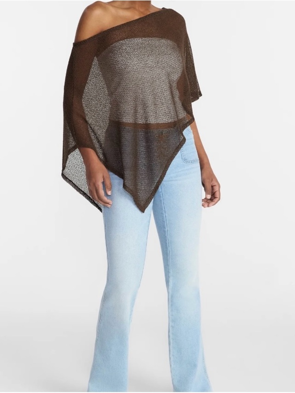 Asymmetrical Hem Sheer Knit Off-Shoulder Poncho Top - Picture 4 of 4